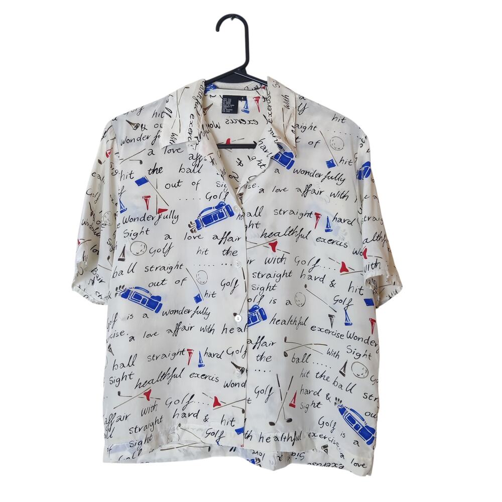 Vintage Ishyu Silk Preppy Golf Graphic Short Sleeve Blouse Camp Shirt Size 4